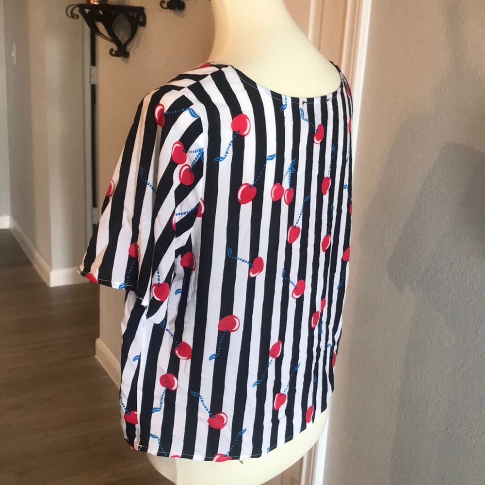 Cynthia Rowley Black & White Striped Cherry Print  Shirt - Picture 4 of 4